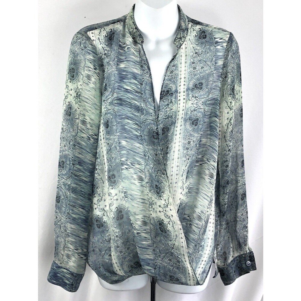BCBG Flowy Chiffon Top S Blue Geo Blouse Twist Front Sheer Career Boho Fairy
